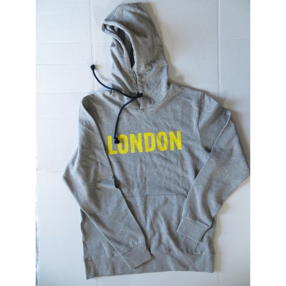 Produkt Hoodie Mens XL Gray London Pullover Sweatshirt Yellow Spell Out Kangaroo